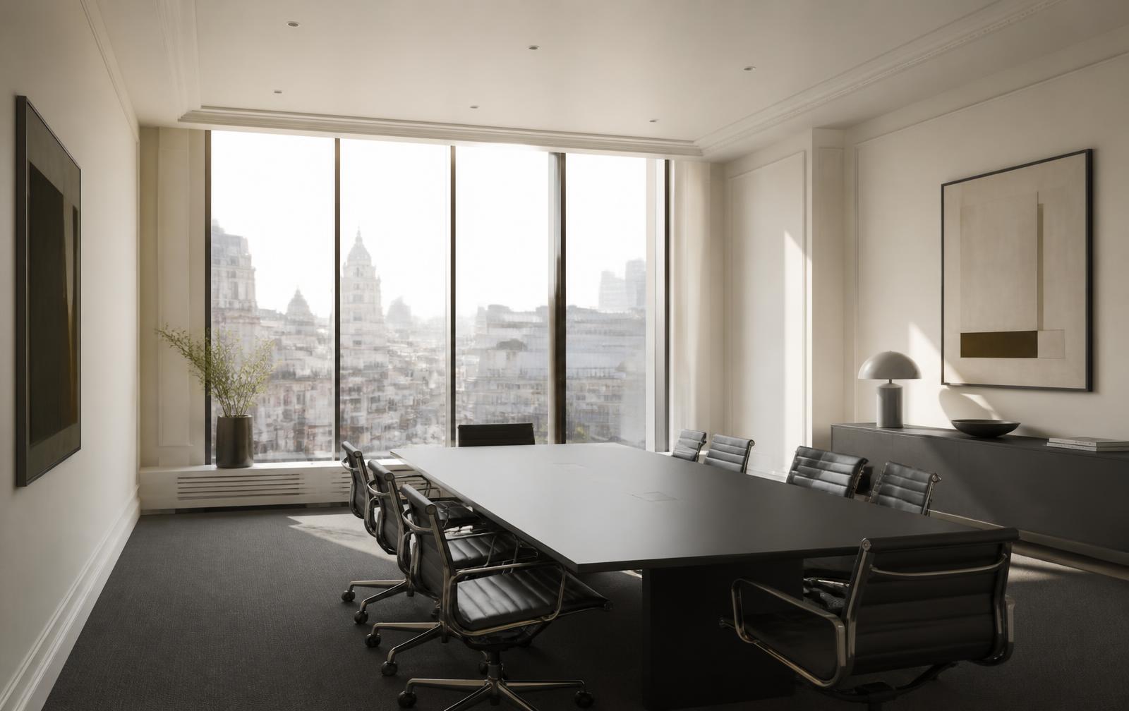 Sala de reuniões institucional com vista para a cidade